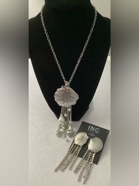 INC International Concepts Silver Shell Tassel Necklace and Earrings Set